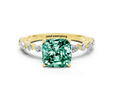 Yellow gold Cushion Cut Green Sapphire Solitaire with Side Stones on a Pavé Band and Four-Prong Setting