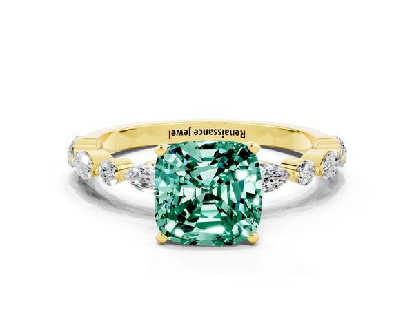 Yellow gold Cushion Cut Green Sapphire Ring with Marquise and Round  Side Stones and Four-Prong Setting