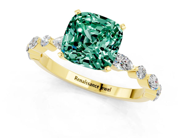 Yellow gold Cushion Cut Green Sapphire Ring with Marquise and Round  Side Stones and Four-Prong Setting
