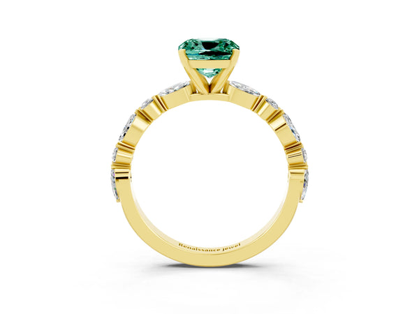 Yellow gold Cushion Cut Green Sapphire Ring with Marquise and Round  Side Stones and Four-Prong Setting