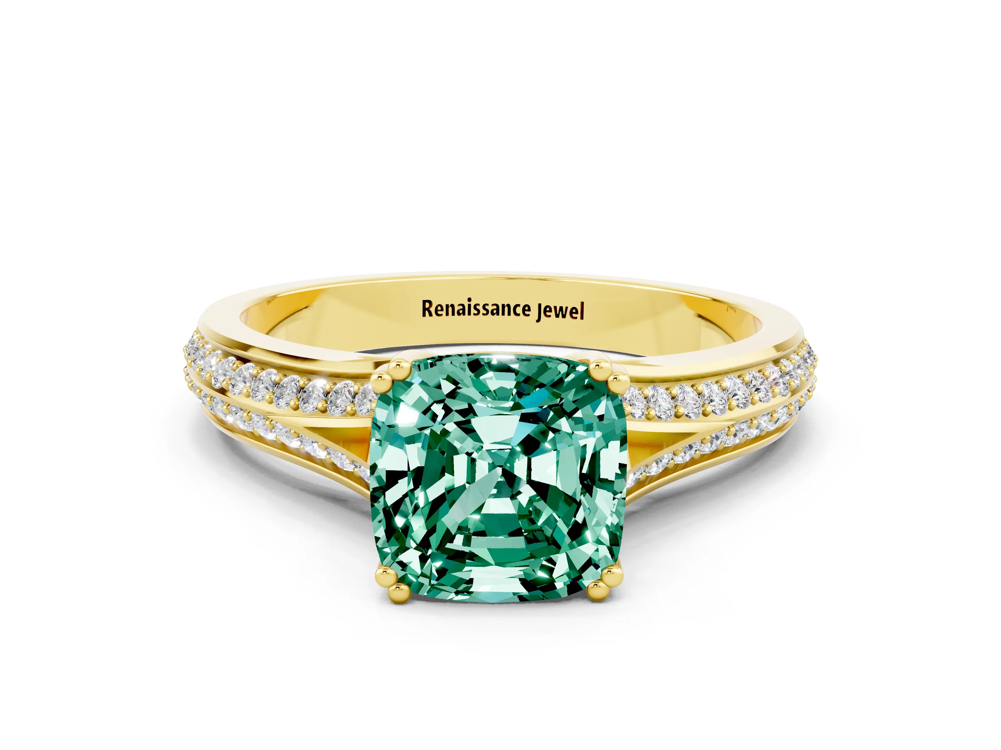 Yellow gold Cushion Cut Green Sapphire Split Shank Engagement Ring with Pavé Band