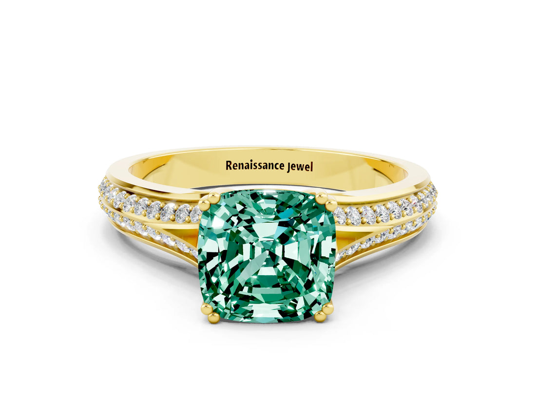 Yellow gold Cushion Cut Green Sapphire Split Shank Engagement Ring with Pavé Band
