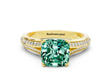 Yellow gold Cushion Cut Green Sapphire Split Shank Engagement Ring with Pavé Band