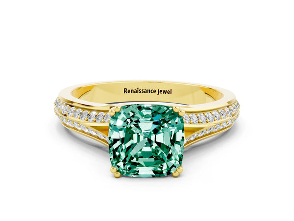 Yellow gold Cushion Cut Green Sapphire Split Shank Engagement Ring with Pavé Band