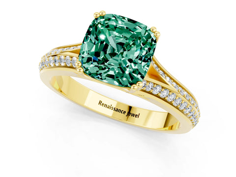 Yellow gold Cushion Cut Green Sapphire Split Shank Engagement Ring with Pavé Band_1