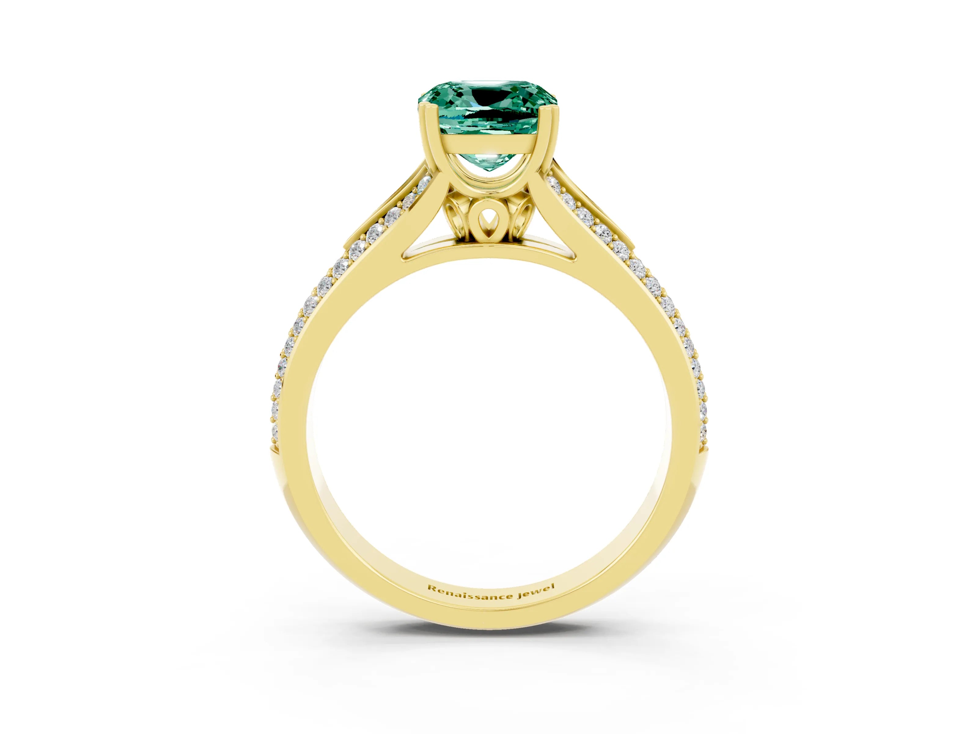 Yellow gold Cushion Cut Green Sapphire Split Shank Engagement Ring with Pavé Band_3