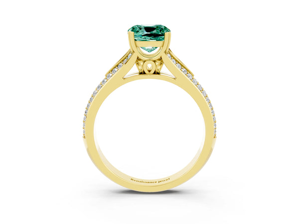 Yellow gold Cushion Cut Green Sapphire Split Shank Engagement Ring with Pavé Band