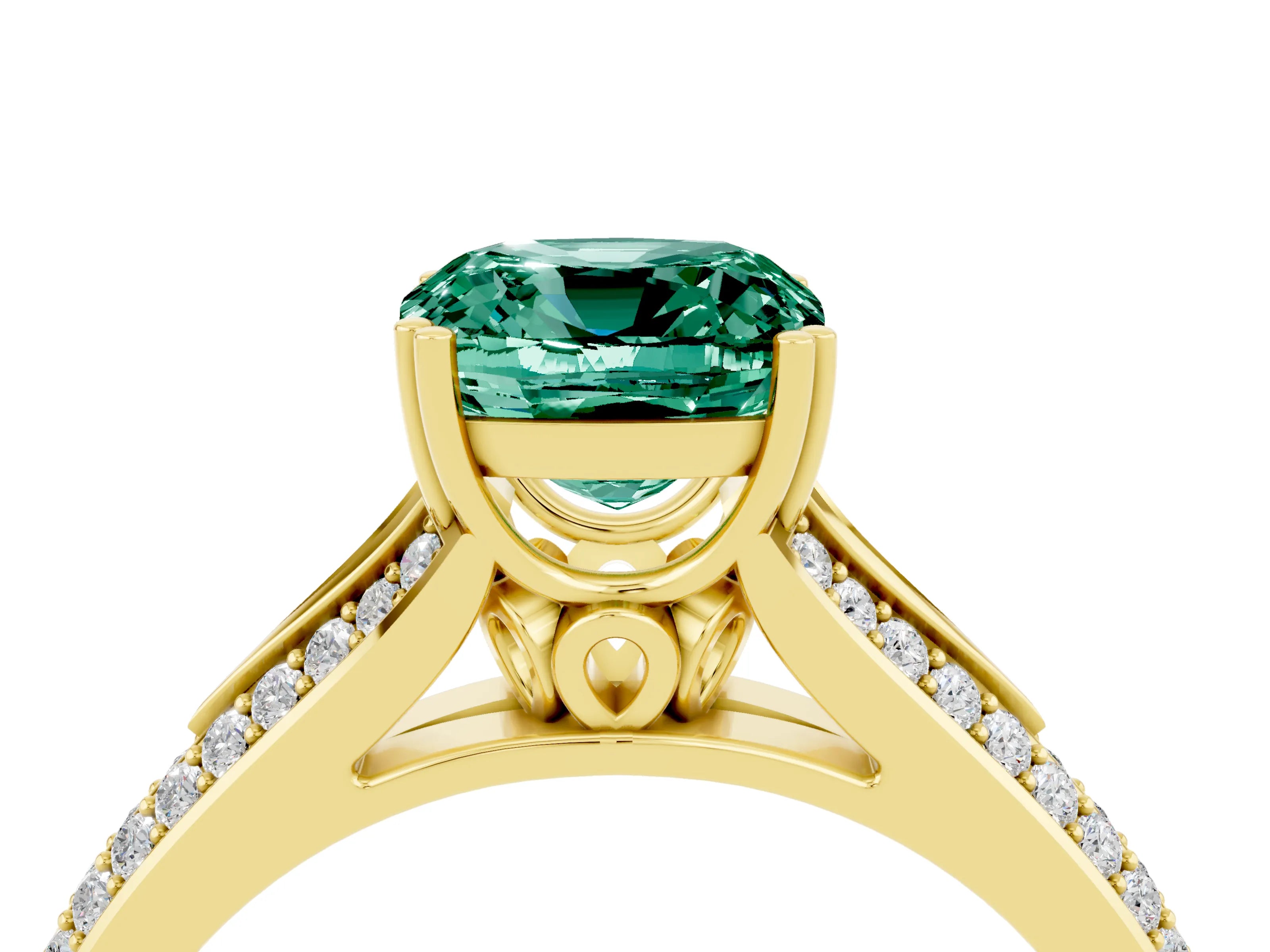 Yellow gold Cushion Cut Green Sapphire Split Shank Engagement Ring with Pavé Band_4