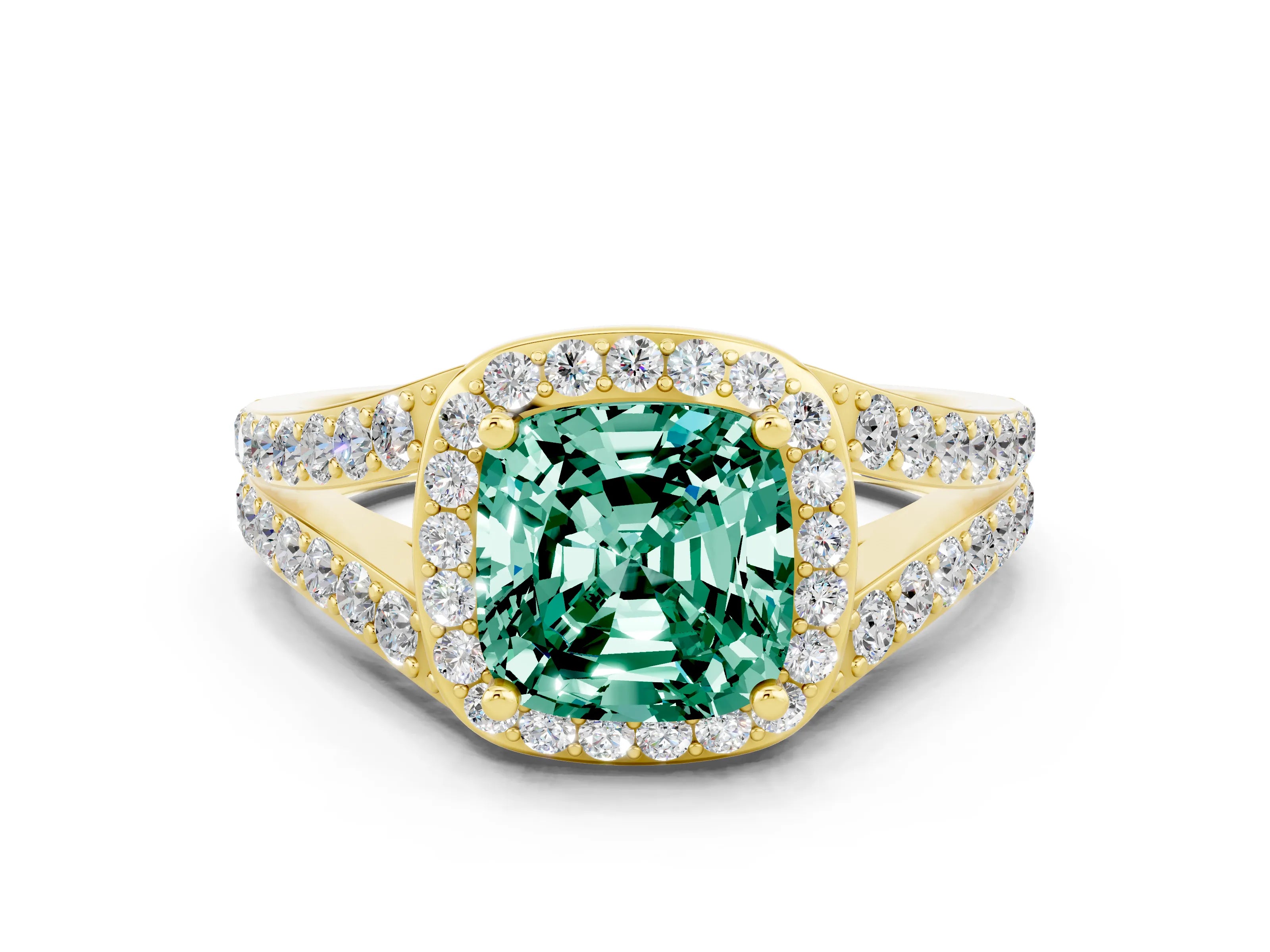 Yellow gold Cushion Cut Green Sapphire Split Shank Halo Ring with Four-Prong Setting_12