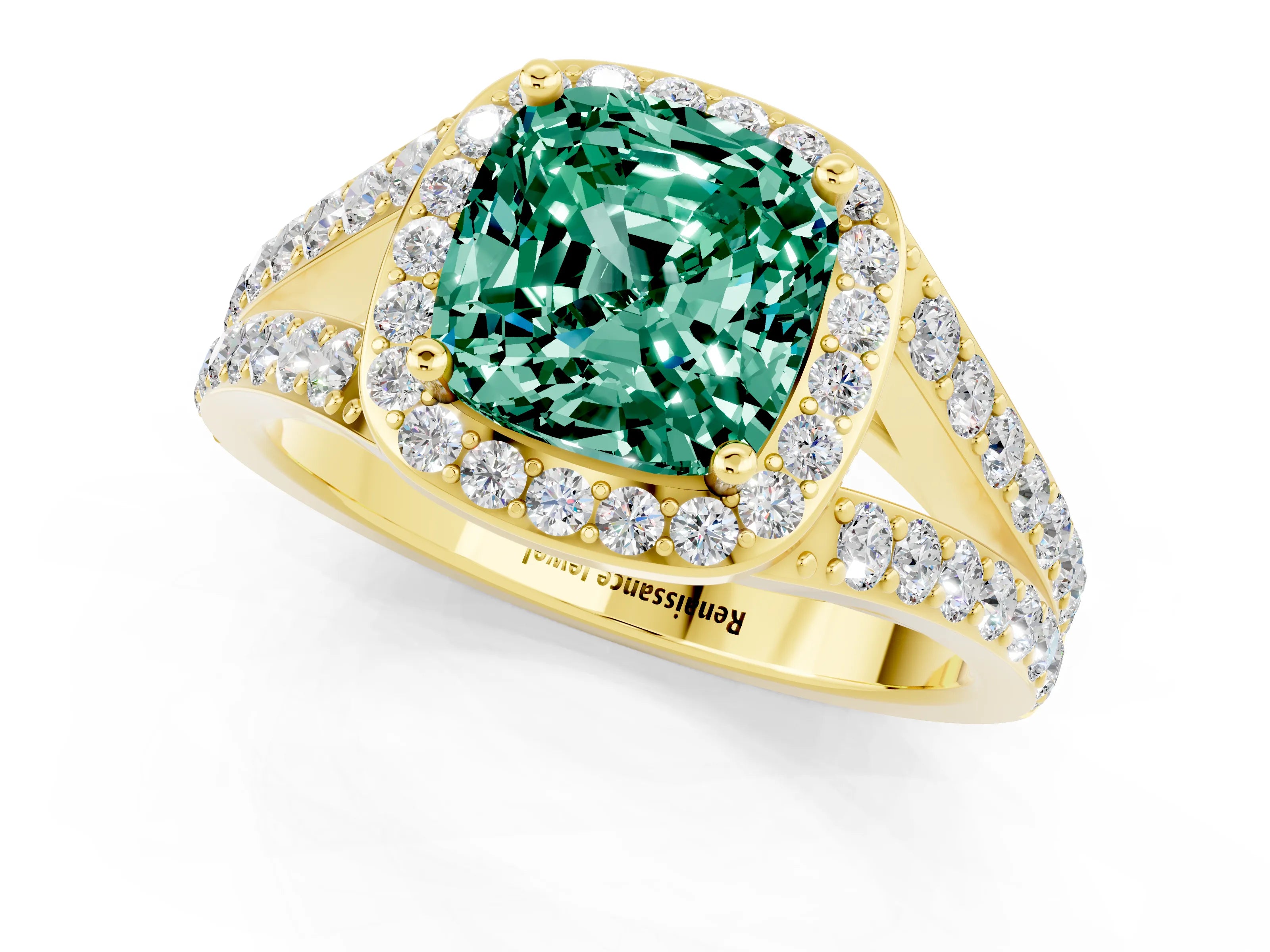 Yellow gold Cushion Cut Green Sapphire Split Shank Halo Ring with Four-Prong Setting_13