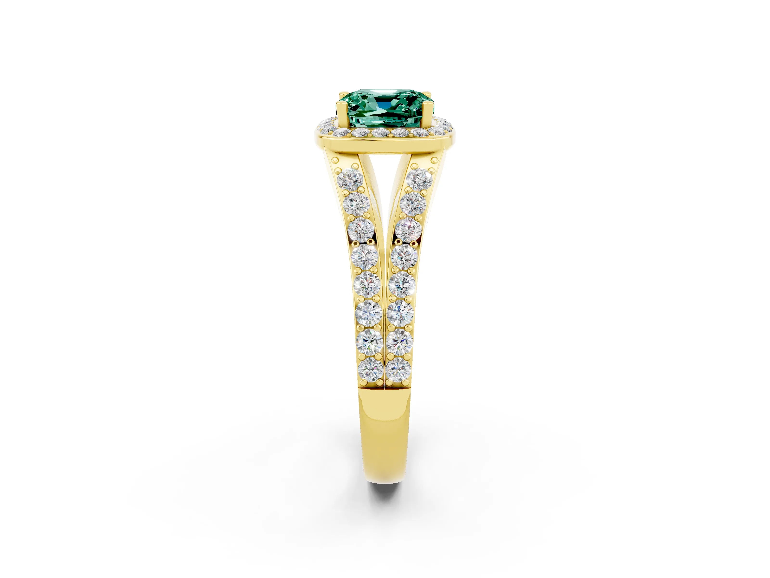 Yellow gold Cushion Cut Green Sapphire Split Shank Halo Ring with Four-Prong Setting_14