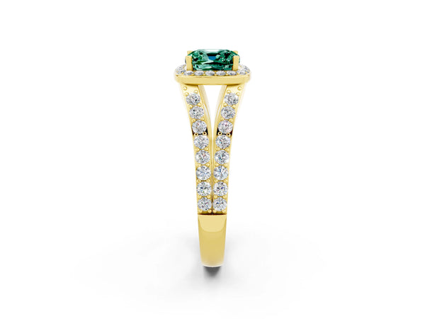 Yellow gold Cushion Cut Green Sapphire Split Shank Halo Ring with Four-Prong Setting