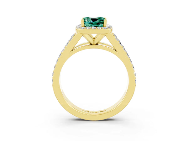 Yellow gold Cushion Cut Green Sapphire Split Shank Halo Ring with Four-Prong Setting