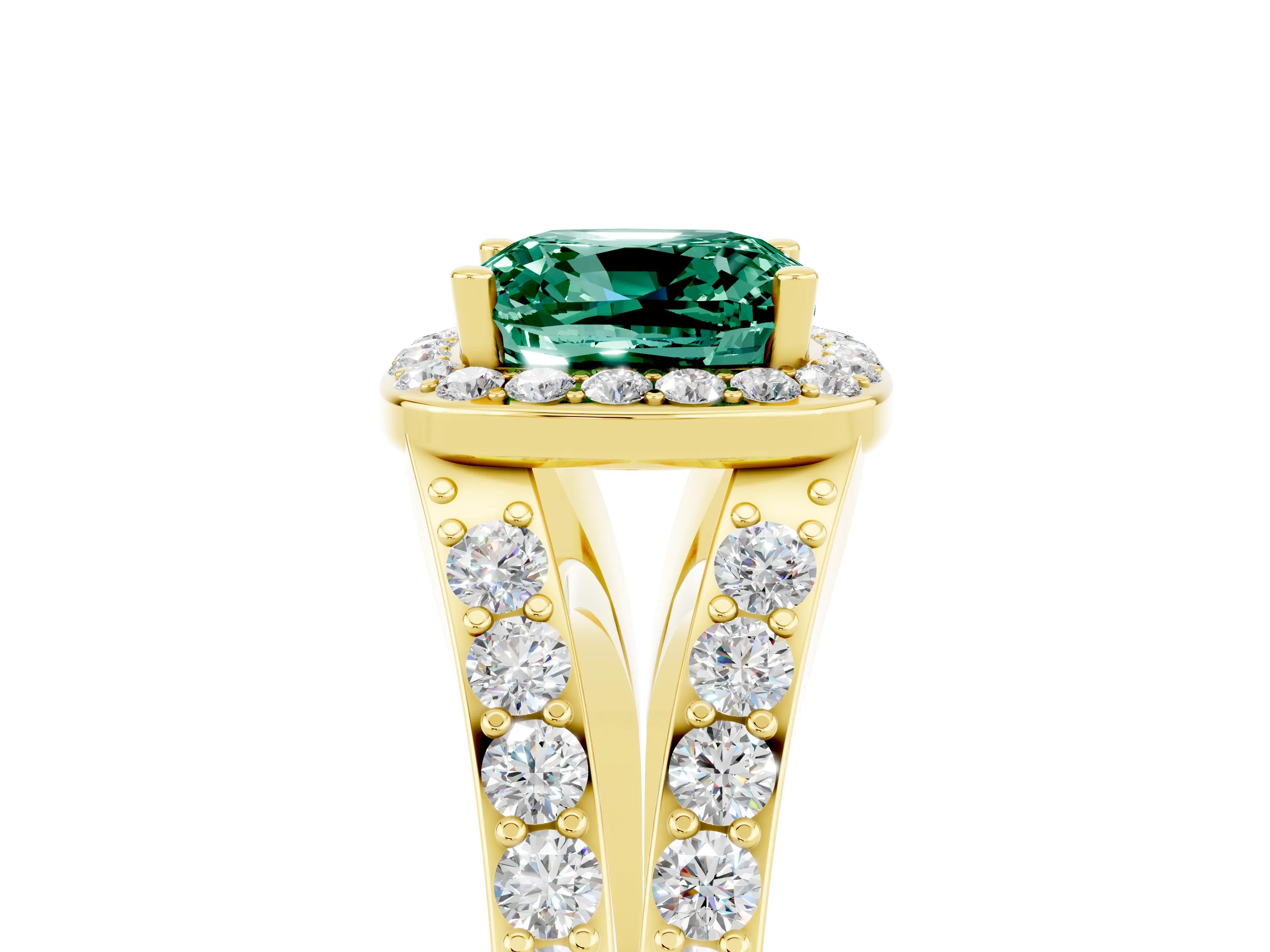 Yellow gold Cushion Cut Green Sapphire Split Shank Halo Ring with Four-Prong Setting_17