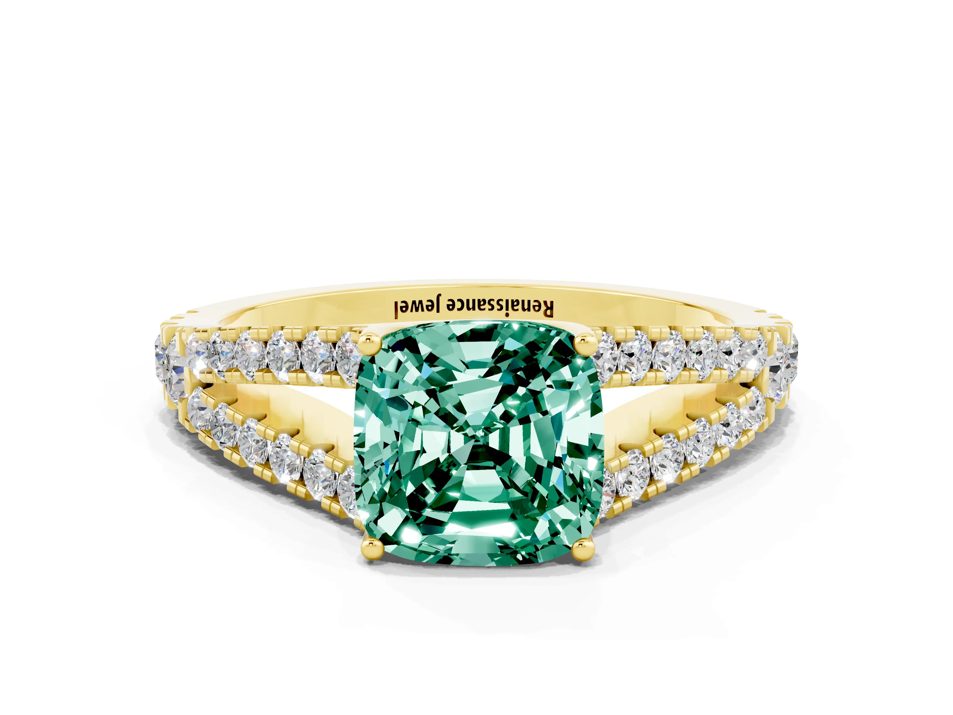 Yellow gold Cushion Cut Green Sapphire Split Shank Pavé Engagement Ring with Four-Prong Setting_12