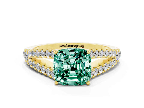 Yellow gold Cushion Cut Green Sapphire Split Shank Pavé Engagement Ring with Four-Prong Setting_12