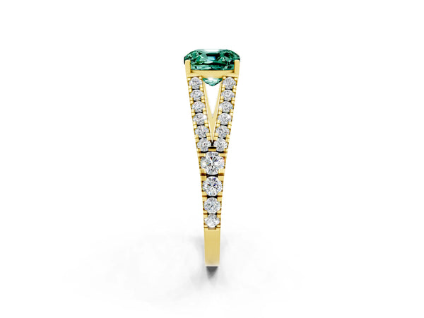 Yellow gold Cushion Cut Green Sapphire Split Shank Pavé Engagement Ring with Four-Prong Setting