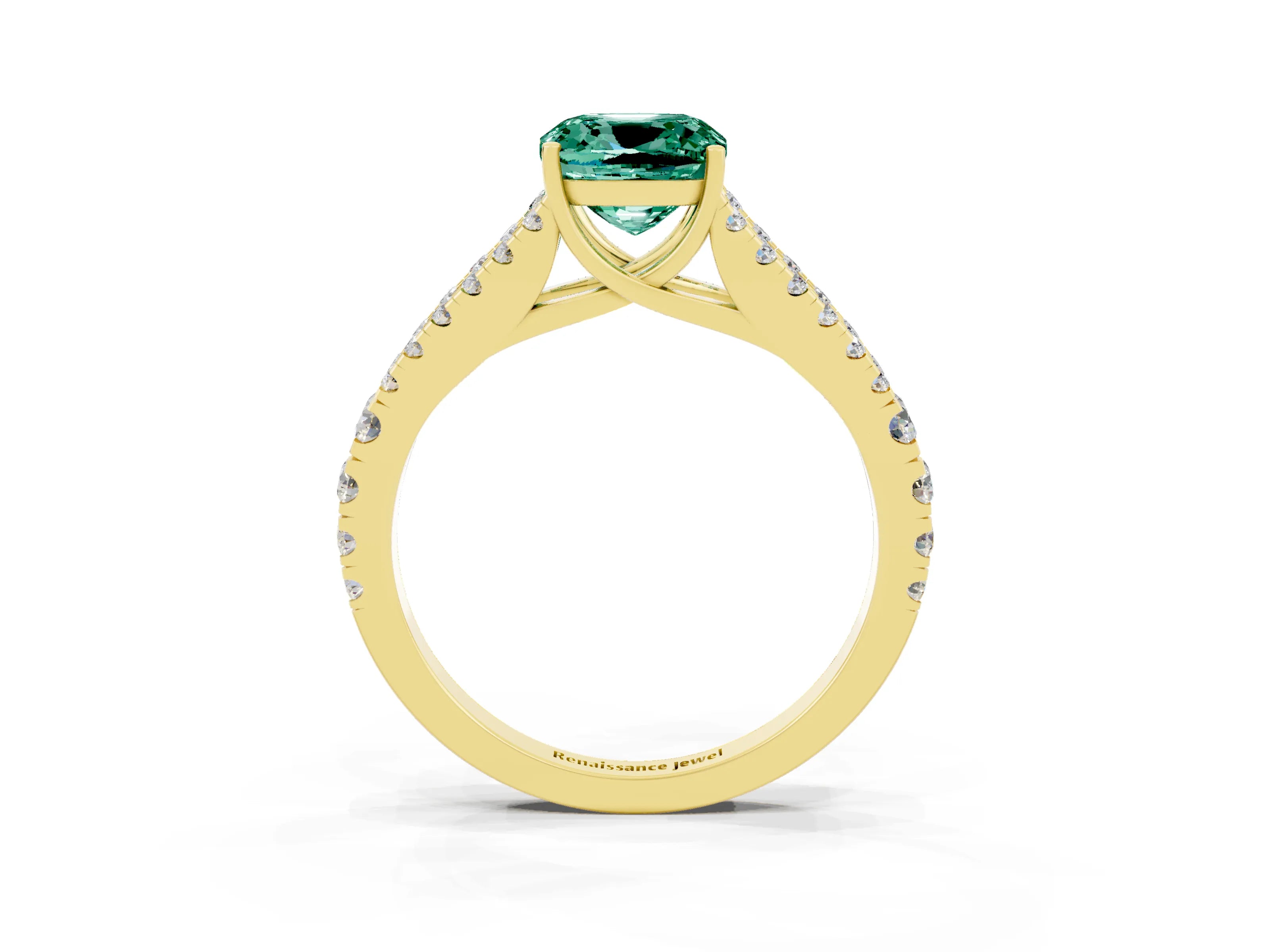Yellow gold Cushion Cut Green Sapphire Split Shank Pavé Engagement Ring with Four-Prong Setting_15