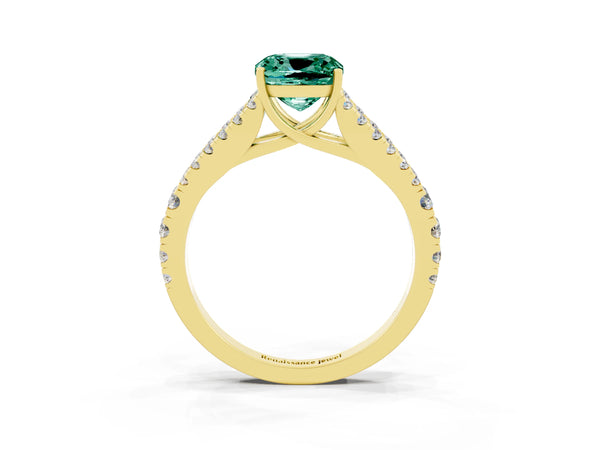 Yellow gold Cushion Cut Green Sapphire Split Shank Pavé Engagement Ring with Four-Prong Setting