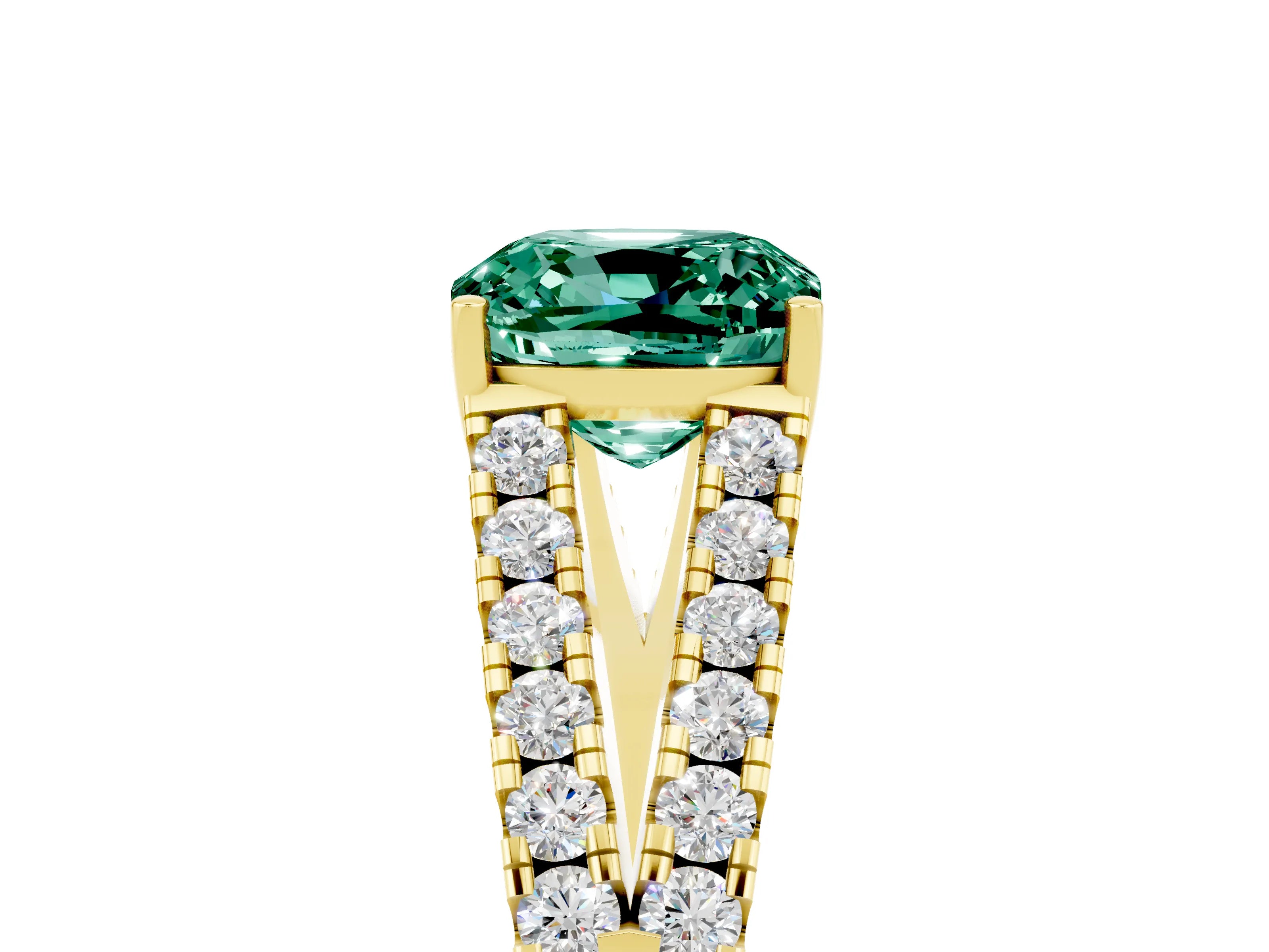 Yellow gold Cushion Cut Green Sapphire Split Shank Pavé Engagement Ring with Four-Prong Setting_17