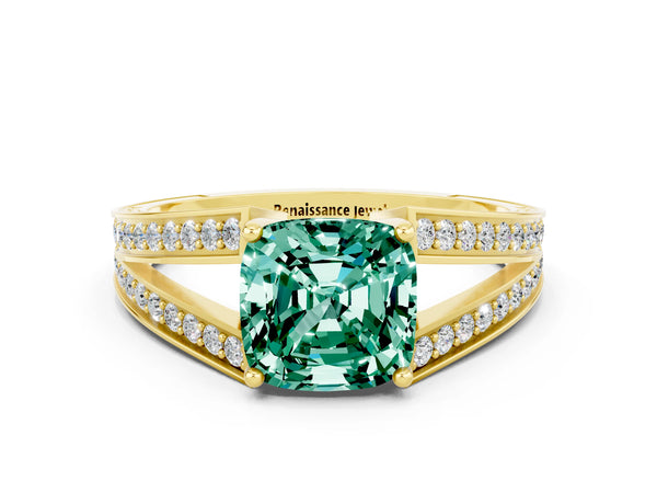 Yellow gold Cushion Cut Green Sapphire Split Shank Ring with Pavé Band and Four-Prong Setting