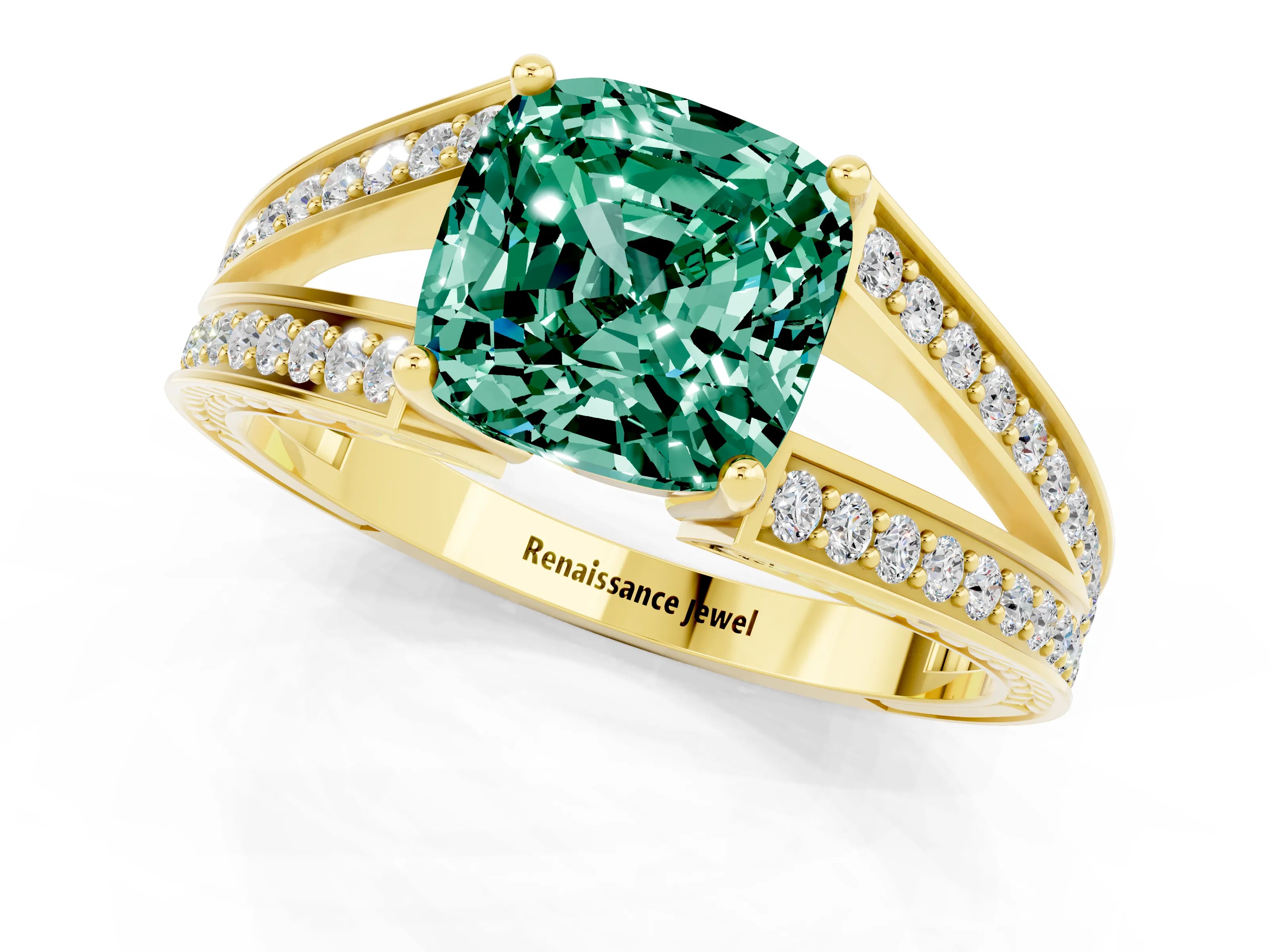 Yellow gold Cushion Cut Green Sapphire Split Shank Ring with Pavé Band and Four-Prong Setting_1