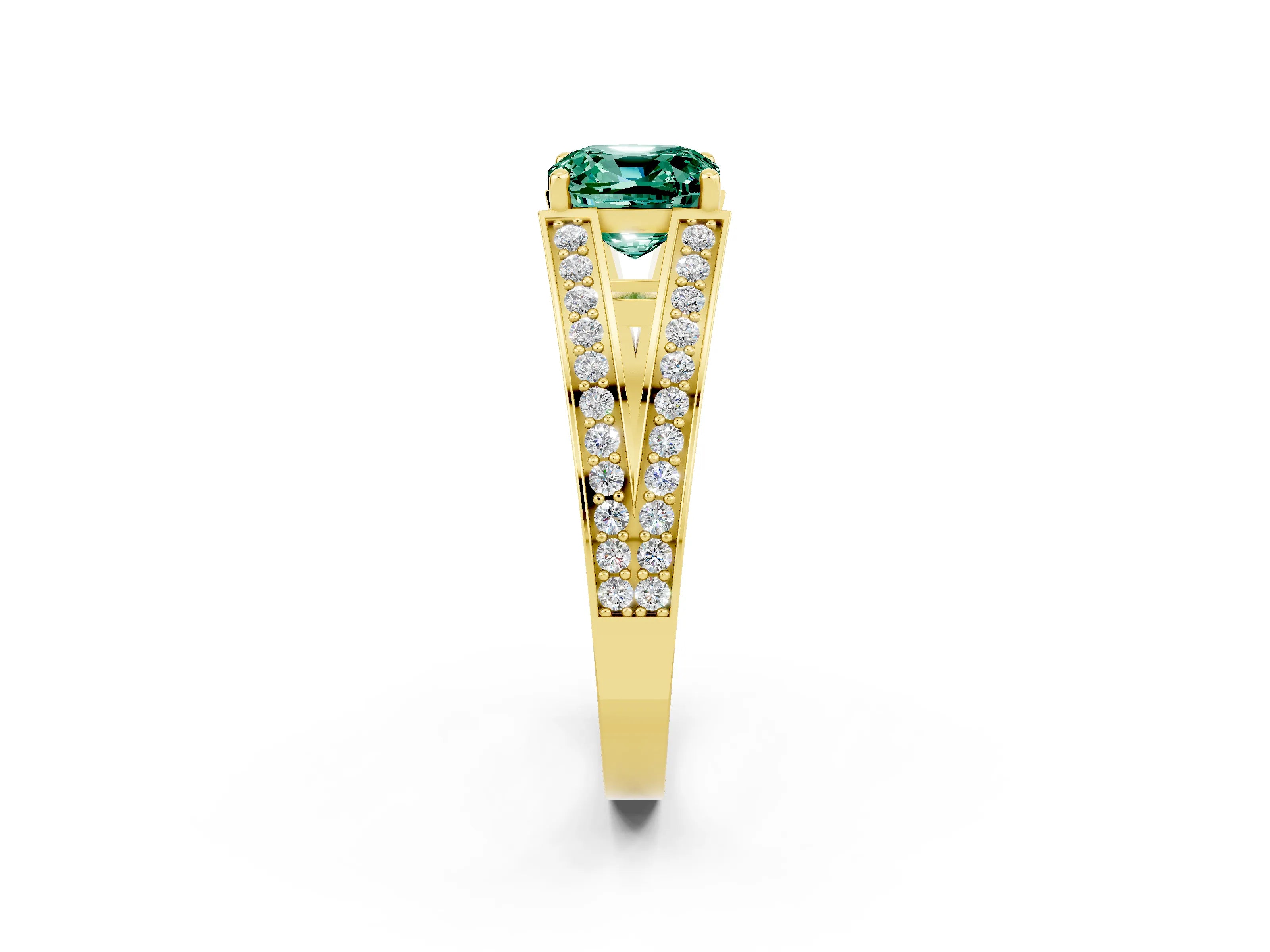 Yellow gold Cushion Cut Green Sapphire Split Shank Ring with Pavé Band and Four-Prong Setting_2