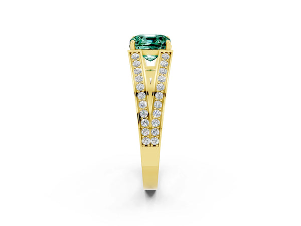 Yellow gold Cushion Cut Green Sapphire Split Shank Ring with Pavé Band and Four-Prong Setting