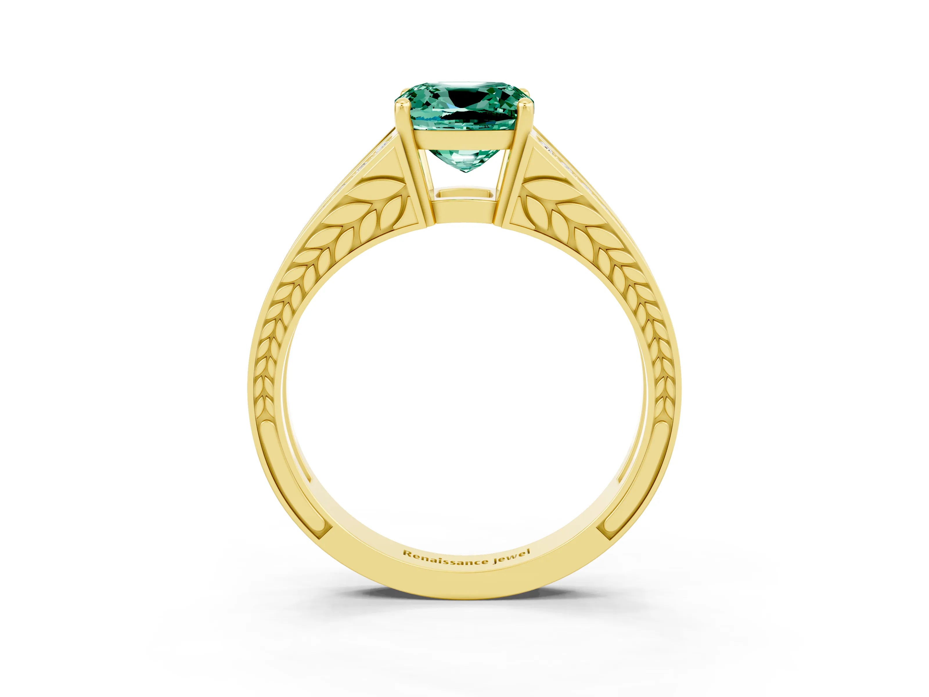 Yellow gold Cushion Cut Green Sapphire Split Shank Ring with Pavé Band and Four-Prong Setting_3