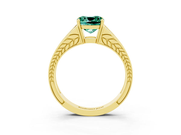 Yellow gold Cushion Cut Green Sapphire Split Shank Ring with Pavé Band and Four-Prong Setting
