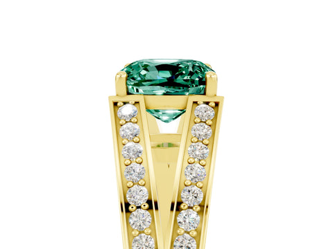 Yellow gold Cushion Cut Green Sapphire Split Shank Ring with Pavé Band and Four-Prong Setting_5