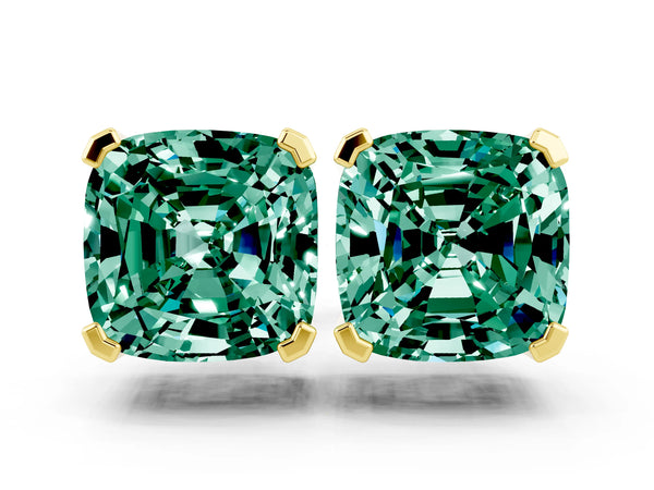 Yellow gold Cushion Cut Green Sapphire Stud Earrings