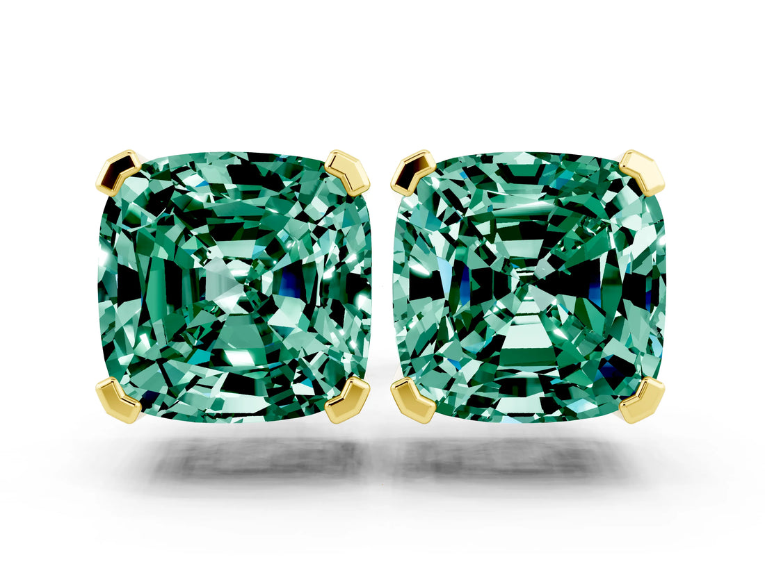 14K Yellow Gold 4.48 Carat Cushion Green Sapphire Stud Earrings