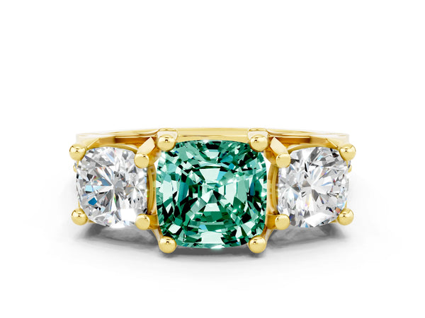 Yellow gold Cushion Cut Green Sapphire Three-Stone Ring with Channel Set Band and Four-Prong Setting
