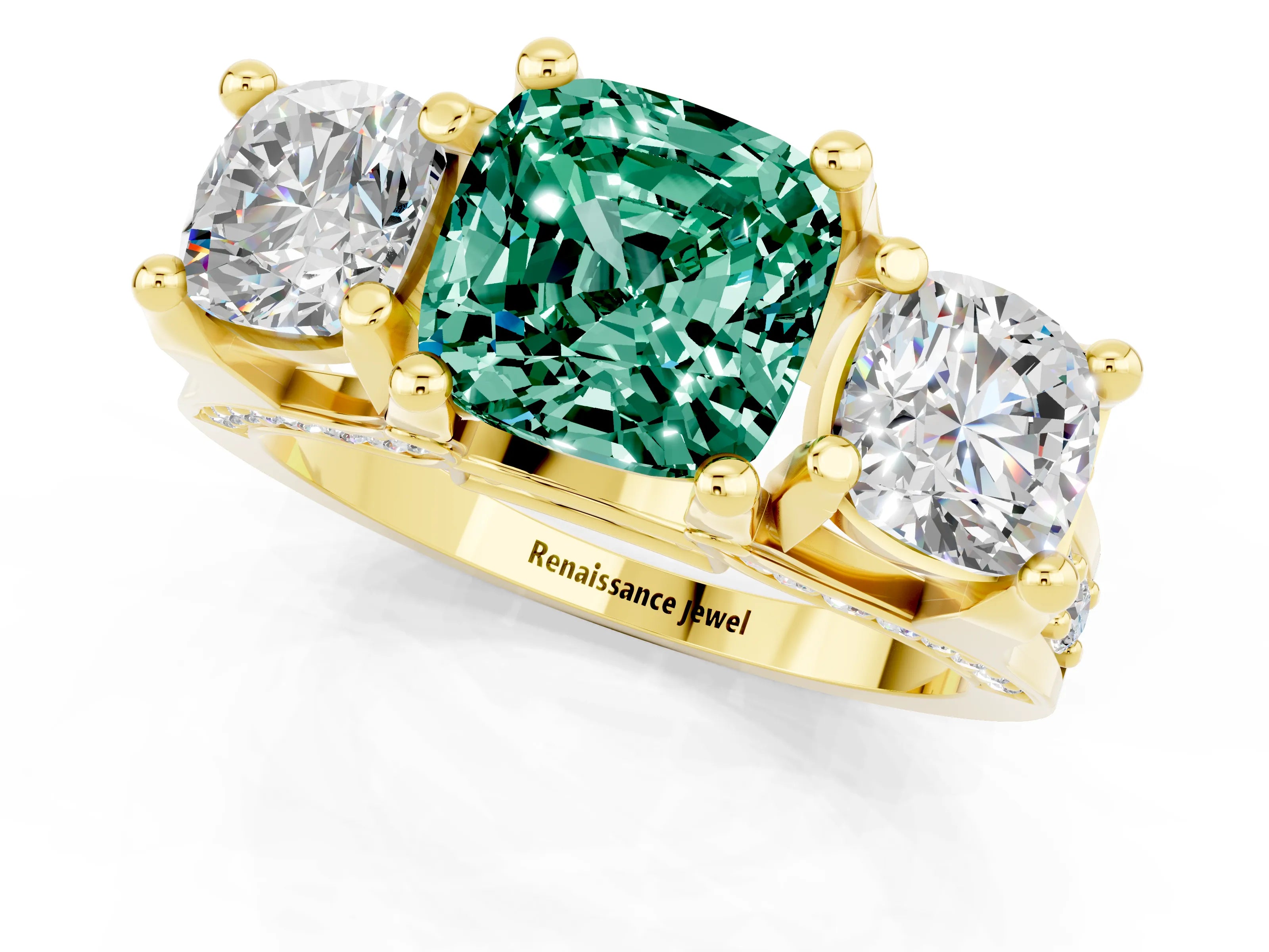 Yellow gold Cushion Cut Green Sapphire Three-Stone Ring with Channel Set Band and Four-Prong Setting_1