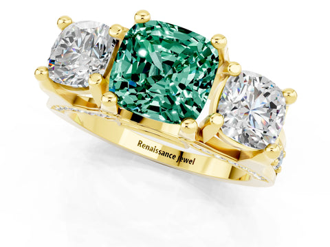 Yellow gold Cushion Cut Green Sapphire Three-Stone Ring with Channel Set Band and Four-Prong Setting_1