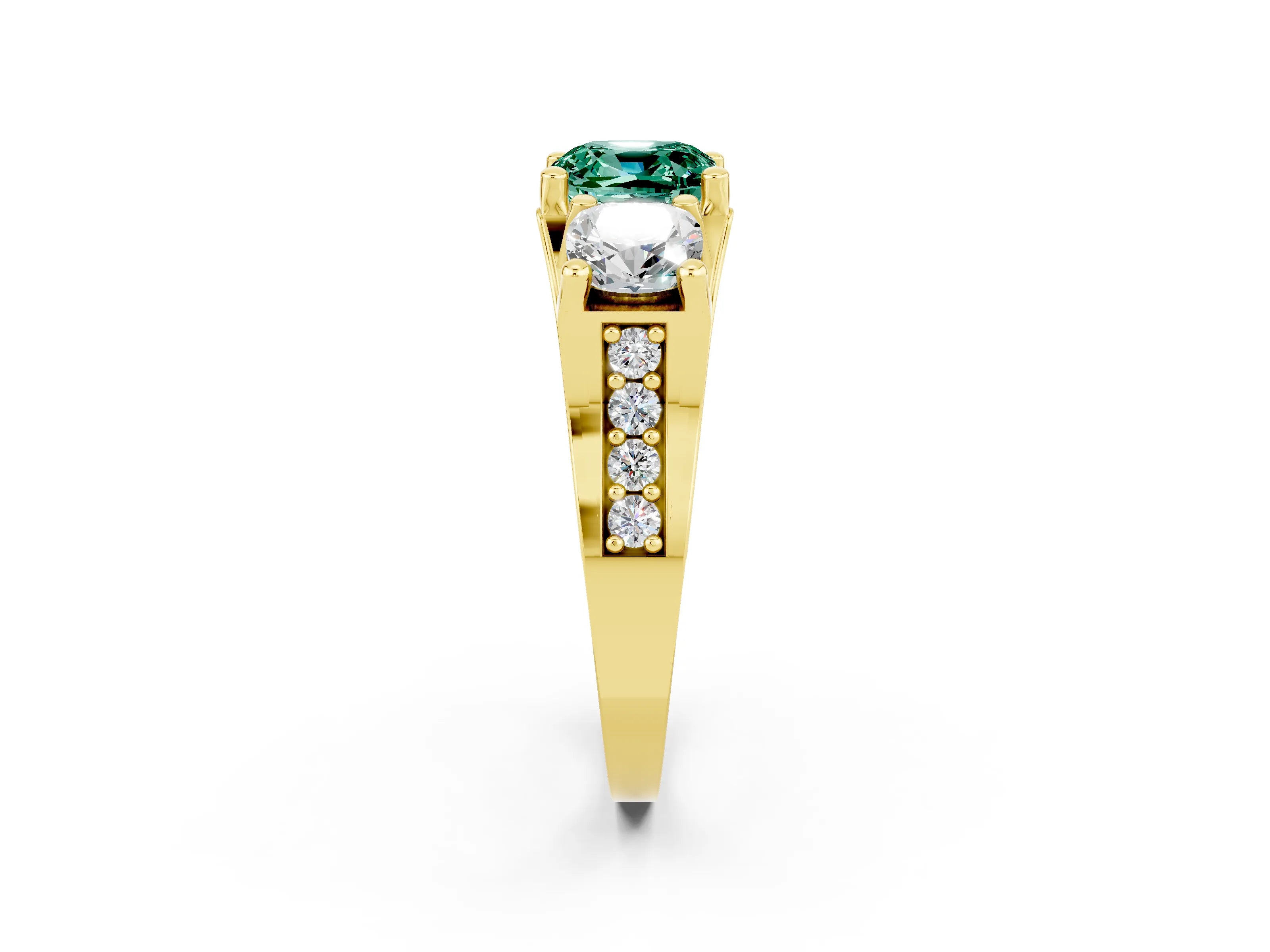 Yellow gold Cushion Cut Green Sapphire Three-Stone Ring with Channel Set Band and Four-Prong Setting_2