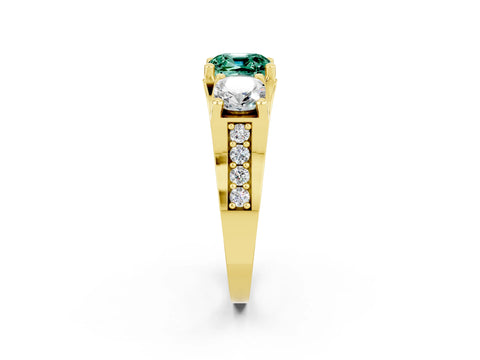 Yellow gold Cushion Cut Green Sapphire Three-Stone Ring with Channel Set Band and Four-Prong Setting_2