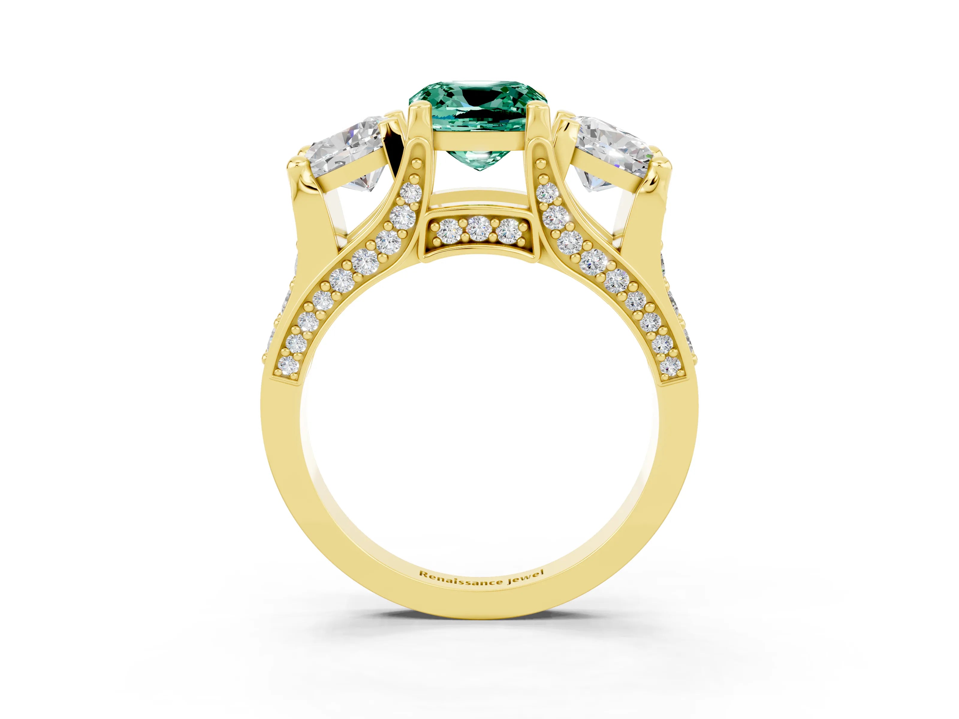 Yellow gold Cushion Cut Green Sapphire Three-Stone Ring with Channel Set Band and Four-Prong Setting_3