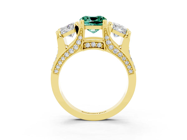 Yellow gold Cushion Cut Green Sapphire Three-Stone Ring with Channel Set Band and Four-Prong Setting