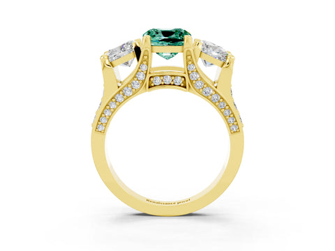 Yellow gold Cushion Cut Green Sapphire Three-Stone Ring with Channel Set Band and Four-Prong Setting_3