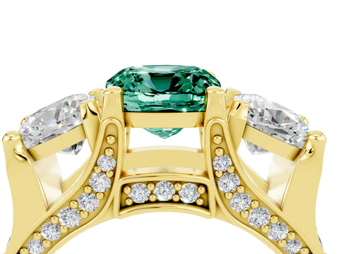 Yellow gold Cushion Cut Green Sapphire Three-Stone Ring with Channel Set Band and Four-Prong Setting_4