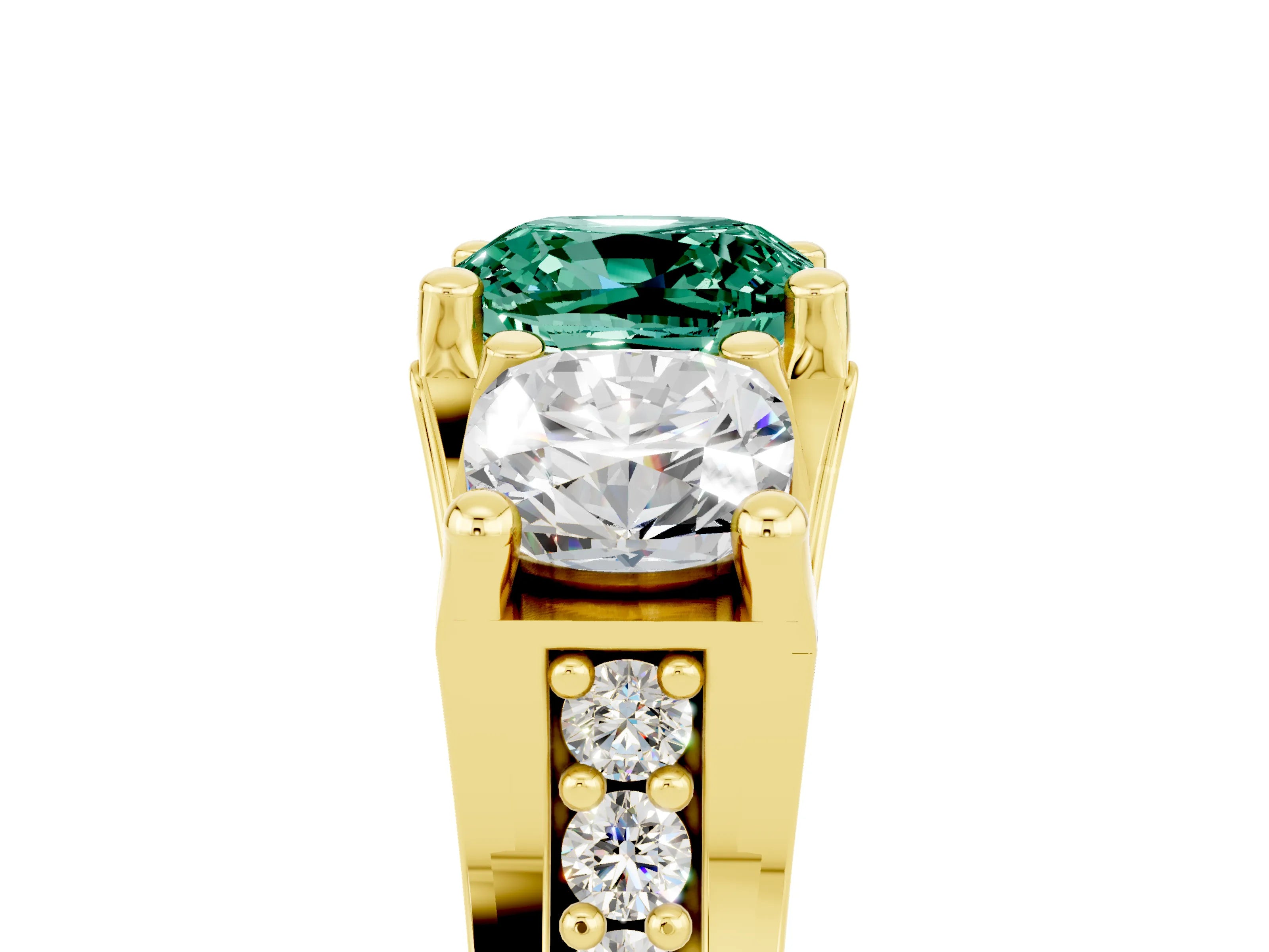 Yellow gold Cushion Cut Green Sapphire Three-Stone Ring with Channel Set Band and Four-Prong Setting_5