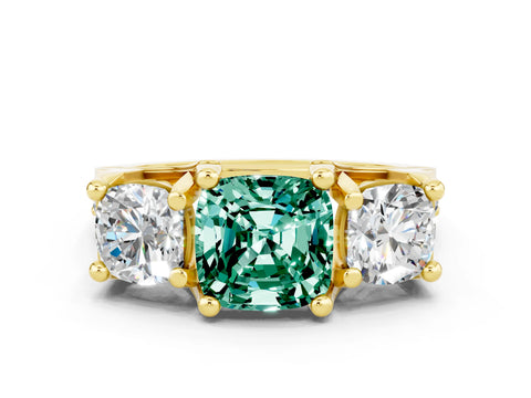 Yellow gold Cushion Cut Green Sapphire Three-Stone Ring with Channel Set Band and Four-Prong Setting