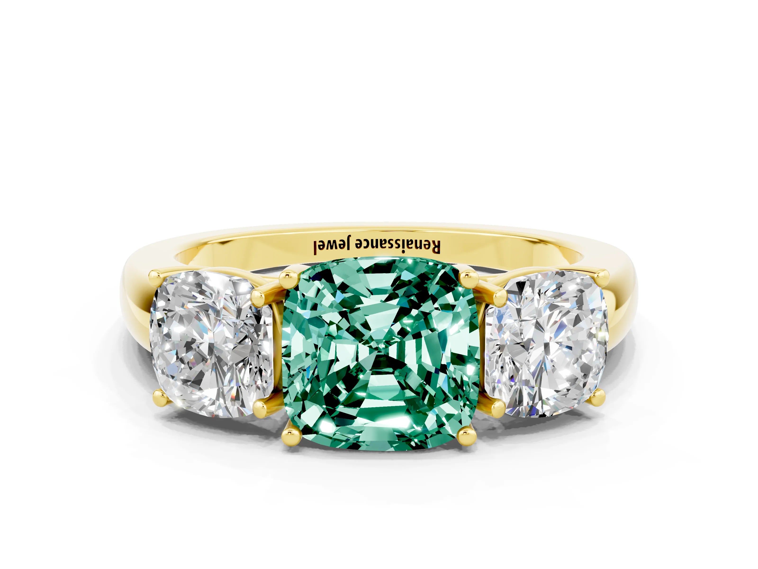 Yellow gold Cushion Cut Green Sapphire Three-Stone Ring with Four-Prong Setting and Classic Band