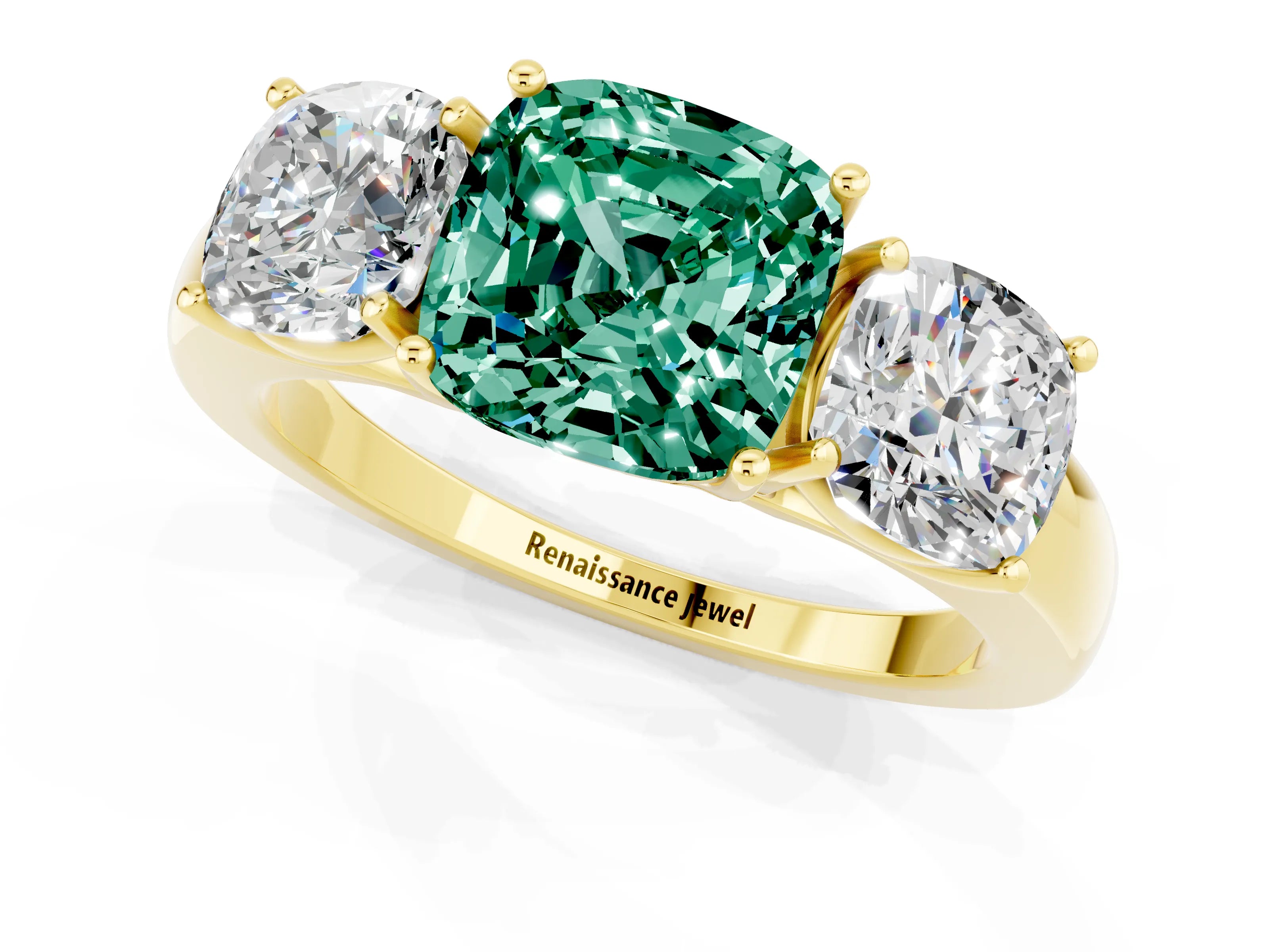 Yellow gold Cushion Cut Green Sapphire Three-Stone Ring with Four-Prong Setting and Classic Band_1
