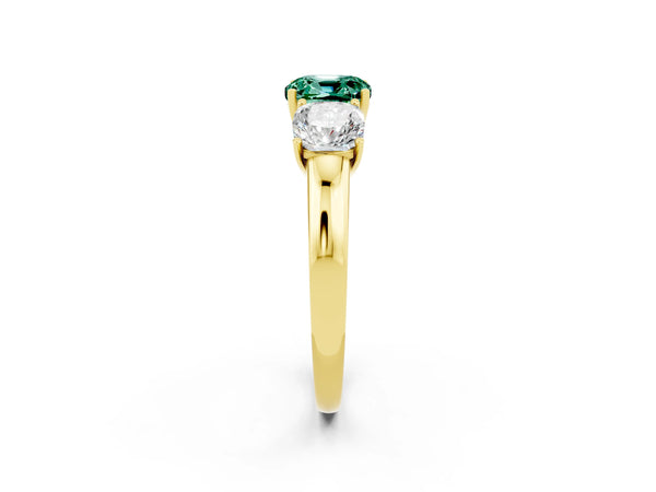 Yellow gold Cushion Cut Green Sapphire Three-Stone Ring with Four-Prong Setting and Classic Band