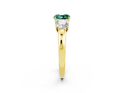 Yellow gold Cushion Cut Green Sapphire Three-Stone Ring with Four-Prong Setting and Classic Band_2