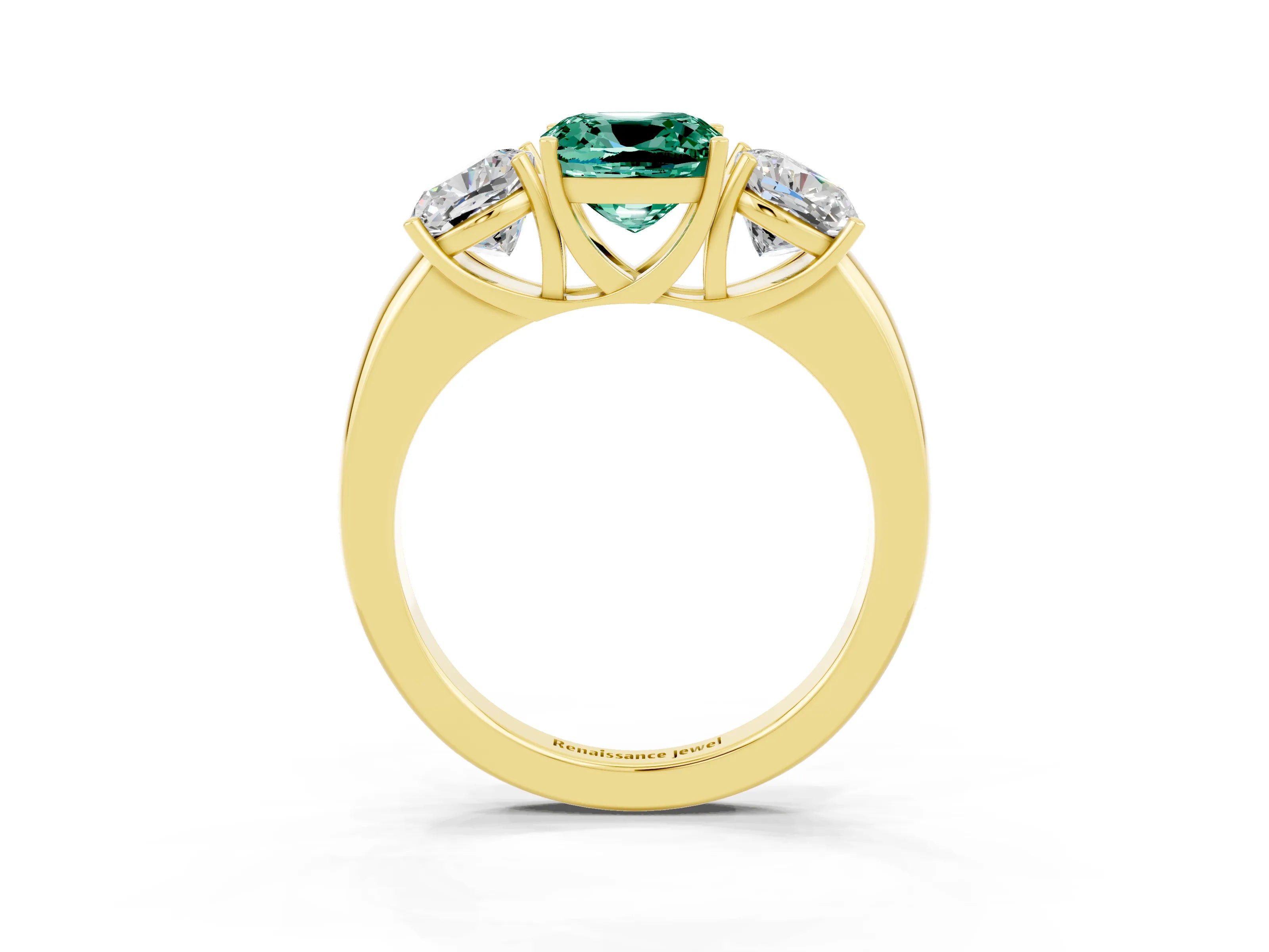 Yellow gold Cushion Cut Green Sapphire Three-Stone Ring with Four-Prong Setting and Classic Band_3