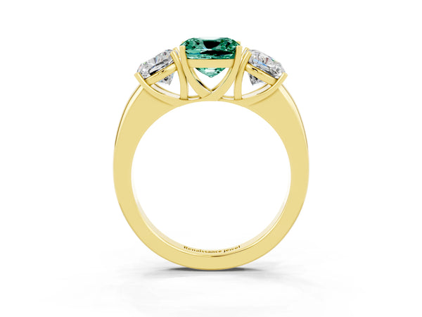 Yellow gold Cushion Cut Green Sapphire Three-Stone Ring with Four-Prong Setting and Classic Band